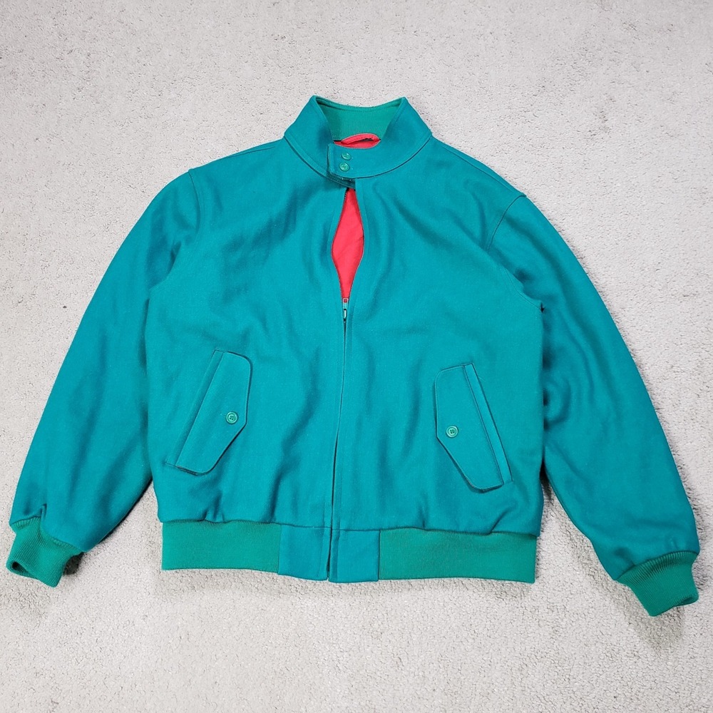 90s Vintage Izod Bomber Wool Jacket Mens M Green Red Fleece Lined Bi-Swing